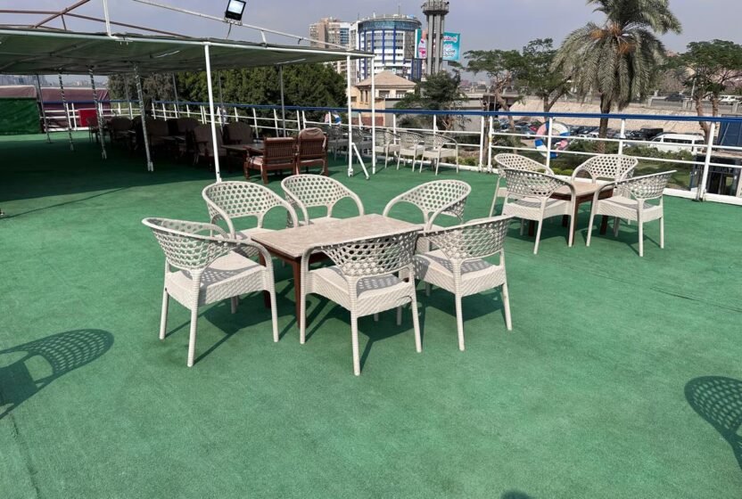 Open-air deck with tables on the Cairo dinner cruise boat