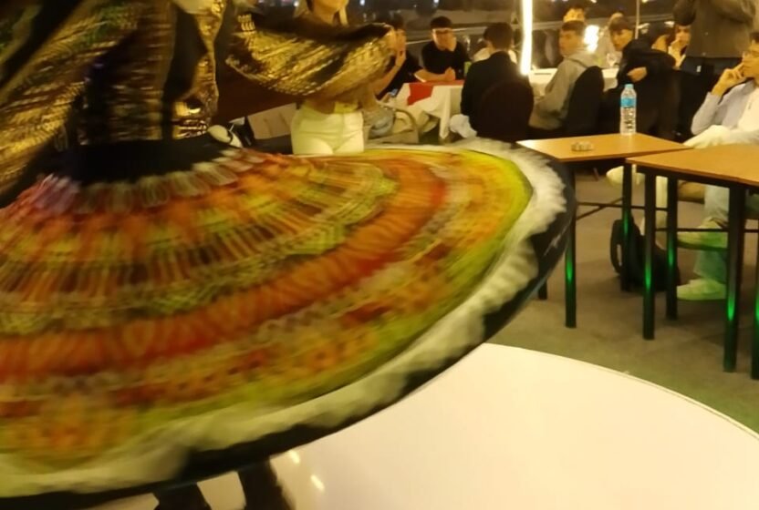 Close-up of a Tanoura dancer's spinning skirt on the Nile