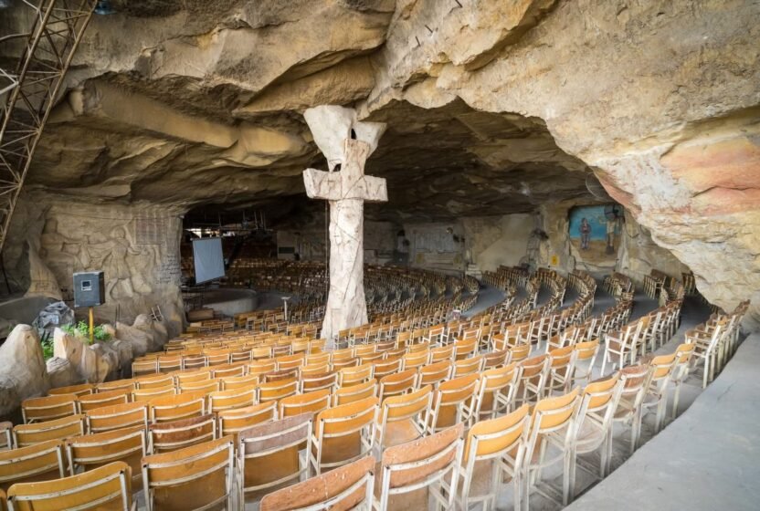 Cross and seating inside a cave church in the Mokattam hills