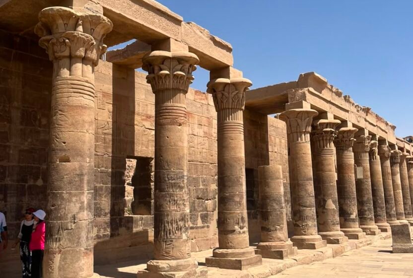 Colonnade of an ancient temple beside the Nile